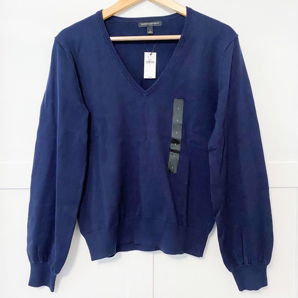 Banana Republic Factory V Neck Pullover Preppy Navy Sweater S NWT